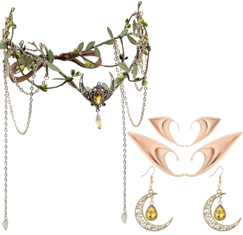 MOSTORY Elfenohren Kopfschmuck Ohrringe Damen Set, Diadem mit Quasten und Mond für Cosplay Karneval Renaissance Kostüm