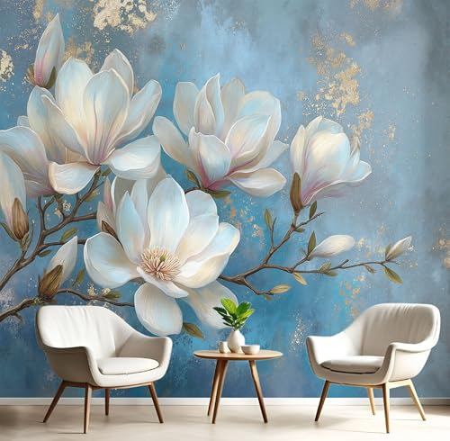 Carta da Parati 3D con Stampa Stile Cinese Acquerello Fiori Di Magnolia, Carta da Parati Fotografica Blu, Tessuto di Seta Decorazione Murale da Parete, 450Lx315A cm (Larghezza x Altezza)