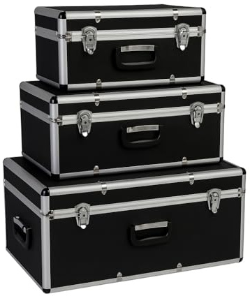 Kreher® Transportkoffer 3er Set - Robuste, abschließbare Werkzeugkoffer aus Aluminium & ABS - Stapelbares Kofferset für Werkzeug, Elektronik & Equipment - Schwarz oder Silber (Schwarz)