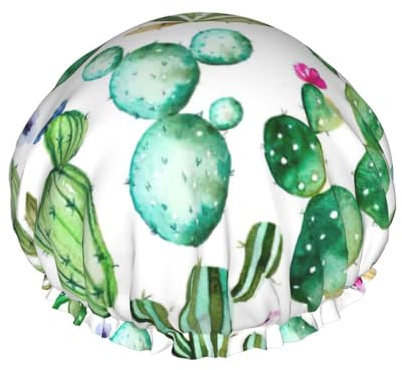 Tropical Cactus Tree Flower Print Hair Cover For Shower, Women Adjustable Hair Cap Stylish Large Waterproof Shower Bonnet