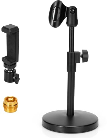 Wiogence Soporte multifunción para micrófono de escritorio con soporte de micrófono de mesa ajustable, clip para teléfono móvil y conector macho de 5/8 pulgadas a 3/8 pulgadas hembra para