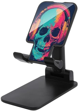 Jubonexis Colorful Human Skull Wearing Headphones Cell Phone Stand Foldable Adjustable Phone Stand for Desk