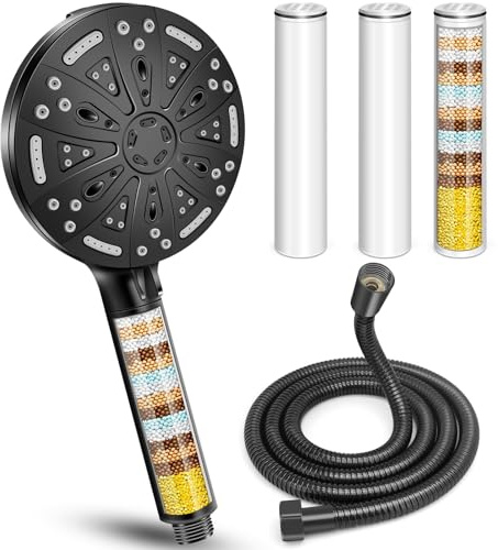 Pommeau de Douche avec Tuyau 1.5M,Pommeau de Douche Anti Calcaire Grand,Douchette Douche Salle De Bain avec 10 Types de Jets,Pommeau Douche Haute Pression avec Filtre Economie Deau(Noir avec tube)