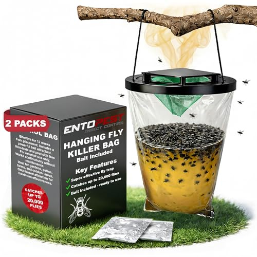 Entopest ProFly Lot de 2 sacs à mouches à suspendre pour l'extérieur - Qualité professionnelle - Piège à 20 000 mouches - Super attractif - Contrôle non toxique - Pour jardins, fermes et paddocks