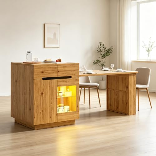 BTM Kitchen Island with Extendable Table, LED & Storage Cabinet