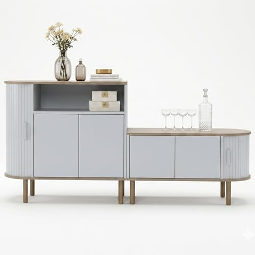Hometopia Modernes Sideboard Set 2-teilig Holz, Kommode Grau Weiß mit Rolltür & Türen, Wohnzimmer Schrank, Flur Kommode, Aufbewahrungsschrank, Küchenschrank 45 cm + 77 cm Hoch