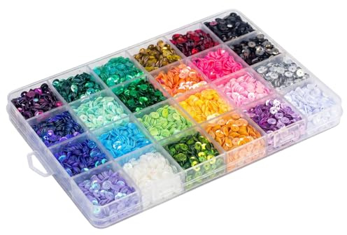 24 Colores Lentejuelas para Coser con Caja | 5mm Lentejuelas para Manualidades Decoración, Sueltas con Agujeros Redondas Arcoíris para Costura, DIY, Bordado