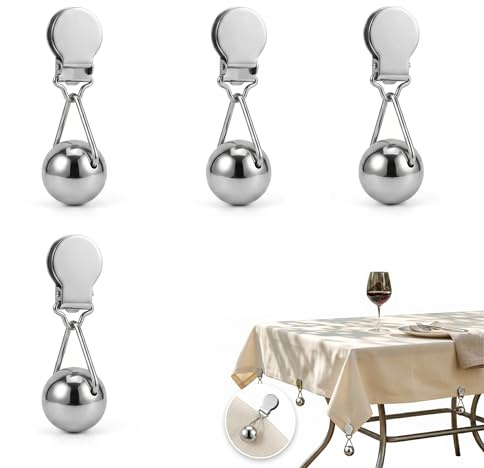 KERYBW 4 Stück Tischdeckenbeschwerer Outdoor - Stabile Tischdeckengewichte Edelstahlkugeln mit Gewebeschonenden Clips - Windfeste Gewichte für Vorhänge, Garten, Balkon & Picknick (Je 74g Extra Schwer)