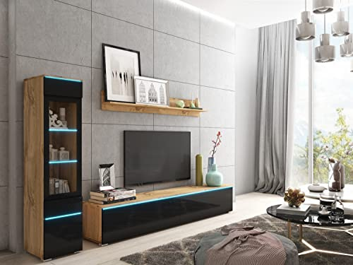 Muebles Slavic Ensemble de Meubles de Salon Vera I, Meuble TV Rangement pour Salon Design, Vitrine avec Éclairage LED, Long Banc TV 180cm, Étagère Murale, Stratifié, Wotan et Noir Brillant