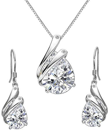 Clearine Damen Schmuckset 925 Sterling Silber Hochzeit Braut Zirkonia Teardrop Engel Flügel Feder Anhänger Halskette Haken Ohrringe Set