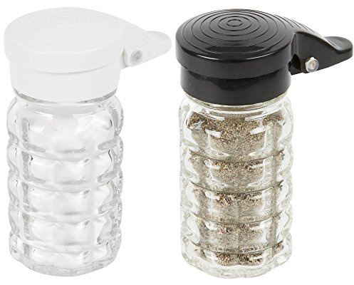 Tablecraft Moisture Proof Salt & Pepper Shakers - 1.5 Oz - Glass w/Black & White Lids Spring Loaded, No Clog, Set of 2