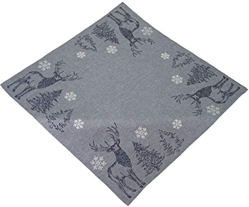 Raebel Tischdecke 85 x 85 cm Stickerei Elch Bäume Schneesterne grau weiß Silber Mitteldecke Weihnachten Deko Weihnachtstischdecke