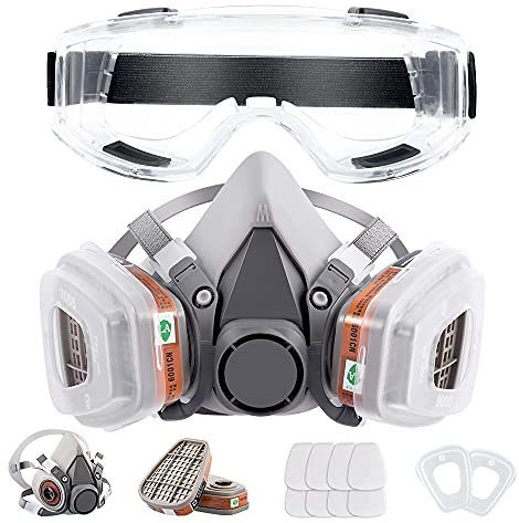 Kosiy Masque respiratoire réutilisable demi-visage avec lunettes de sécurité, protection faciale avec filtres pour la peinture, le soudage, le polissage, le travail du bois et d'autres travaux (moyen)
