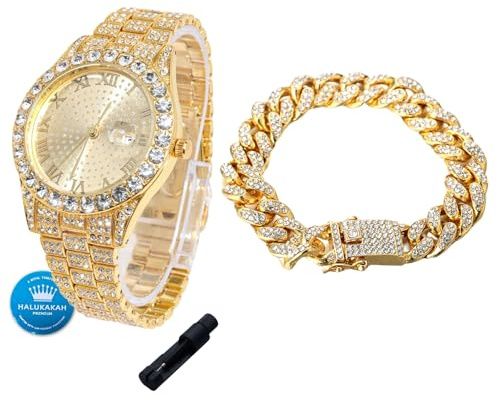 Halukakah Diamanten Gold Uhr Iced Out für Jungen - 18K Echtgold/Platin Platiniert,42mm Rundes Zifferblatt,Japanisches Quarzwerk - 20cm - Optional mit Cuban Gliederkette,mit Anpassungswerkzeug
