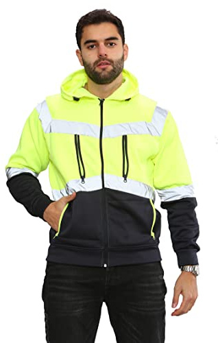 Parsa Fashions Hi Vis 4 & 5 Zips Hoodie High Visibility Reflective Tape Band Work Fleece Safety Hooded Top Phone & ID Pockets Pullover Hood SweatShirts Jacket Warm Security Plus Sizes Small - 3XL