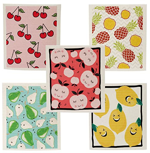 KABAKE Paños de cocina suecos reutilizables, paquete de 5 paños de esponja de celulosa, ecológicos, absorbentes y reutilizables, paños de limpieza ecológicos y sin olor (frutas)