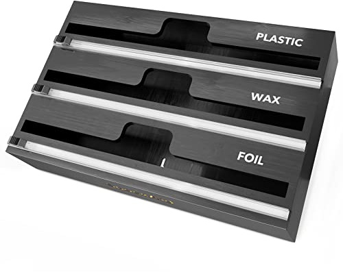 SpaceAid WrapNeat 3-in-1 Wrap Organizer mit Cutter und Etiketten, Kunststofffolie, Aluminiumfolie und Wachs-Bambus-Spender für Küchenaufbewahrung, Organisation, Halter für 30,5 cm Rolle (schwarz)