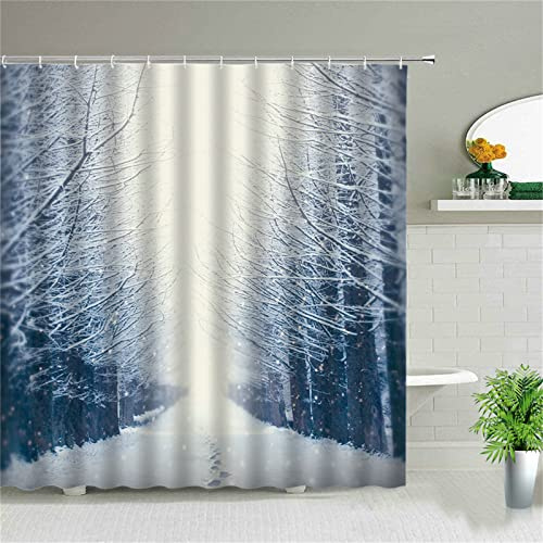 Duschvorhang für Eckdusche und Kleine Badewanne, Bad vorhang Textil aus Polyester Stoff Schimmelresistent Wasserabweisend und Waschbar, Schneestraße240x180cmmit Duschvorhangringen Shower Curtains