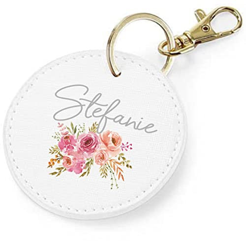 AWASG Schlüsselanhänger personalisiert mit Namen und Blumen | Taschenanhänger Accessoire rund mit Ring und Karabiner in gold | Geschenk Damen Kinder Mädchen(weiß)
