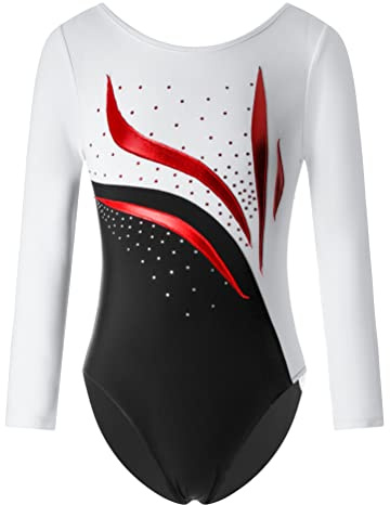 Aislor Turnanzug Mädchen Langarm Glitzer Tanzbody Mit Strass Gymnastikanzug Turnkleidung Ballett Tanz Trikot Kostüm
