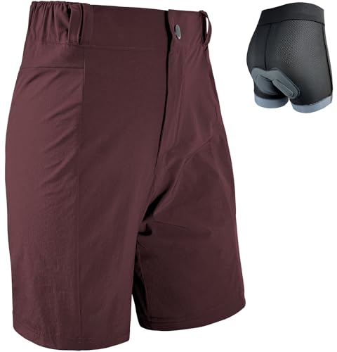 Wulibike Radlerhose Damen Mountainbike-Radhose 2 in 1 gepolstert MTB Shorts Frauen Fahrradhose mit Polsterung Reiten Fahrrad Radfahrhose Reißverschlusstaschen Burgund M