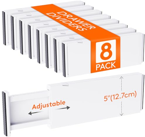Lifewit Divisores de Cajones de 34-50cm Ajustable, Altura 12.7cm, Organizador Armario para Ropa/Utensilios/Maquillaje, Blanco Separador para Cocina/Escritorio/Tocador Almacenamiento, 8 Paquetes