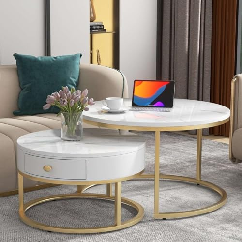 KOMHTOM Runder 2er Set weißer Couchtisch Beistelltisch, Wohnzimmertisch mit Stauraum, Kaffeetisch für Wohnzimmer Schlafzimmer Balkon (B)