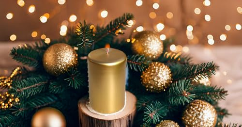 1 Gala Mythical Winter Stumpenkerze - Gold in Geschenkverpackung - 1 Stück - 12 x 8 cm - Dekorative Kerze - Lange Brenndauer - Unparfümiert - Natürliches Pflanzenwachs - Adventskranz - Weihnachtskerze