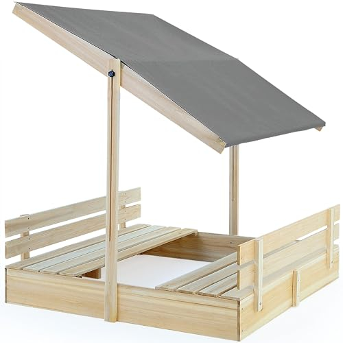SPIELWERK® Arenero Niños 120x120x120cm Infantil Bancos Exterior Techo Madera Natural Abeto Protección UV50+ Juguete Jardín Patio