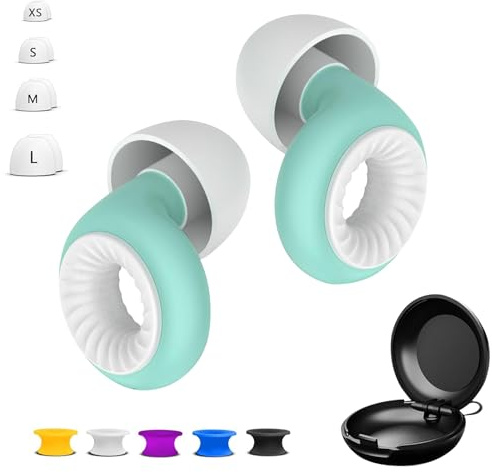 Reusable Ear Plugs for Sleep - Noise Cancelling, Snoring, Travel, and Concerts | 25dB Hearing Protection with Noise Reduction | Comes with 8 Ear Tips and XS/S/M/L - Black (Aqua Green)