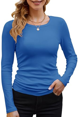 DUOEASE Långärmad damtröja rund hals pullover eleganta långärmade toppar, ribbade skjortor, bastoppar, blå, XL