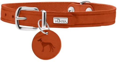 HUNTER Aalborg Hundehalsband | Rindsleder, für Hundesport & Alltag, mit Lederanhänger, Made in Germany, Farbe: Orange, Größe: 42
