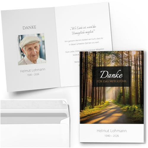 10 personalisierte Trauer Danksagungen Dankeskarten mit Text & Foto | Individuell anpassbare Trauerkarten mit Briefumschlägen | Wald Lichtung Friedwald Baum Bäume Natur