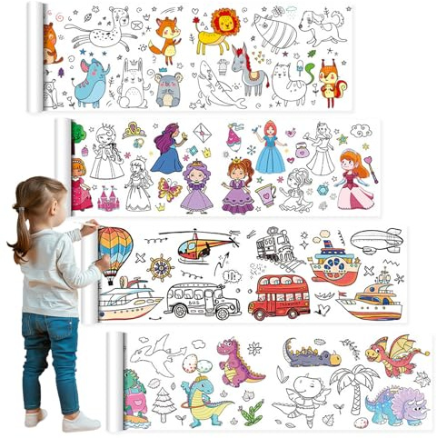 ZOCONE 4 Pack Colouring Drawing Paper Roll for Kids 3m x 30cm, Fun Painting Paper Roll for Children DIY Art Painting Color Filling Paper for Children's Drawing Roll of Paper for Kids(4 Themes)