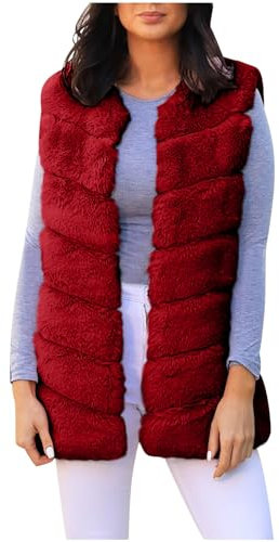 Komiseup Winterjacke Damen, Fleecejacke Damen, Weste Damen Lange Kunstpelz Jacke Ärmellose Wintermantel Winter Plüschjacke mit Kapuze Elegant Pelzmantel Kunstfell Oberbekleidung Faux Pelz Coat 05