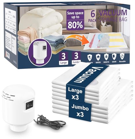 BQSS Sacchetti sottovuoto per vestiti con pompa ad aria elettrica, 6 pezzi (3 Jumbo, 3 grandi), per copriletti, materassi, coperte, cuscini, viaggi, scarico rapido dell'aria salvaspazio