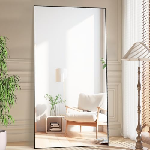 193x86cm Standspiegel, Boden großer Spiegel, Stehender Spiegel, Schwarz | Verkleidung und an der Wand befestigter Spiegel Aluminiumlegierungsrahmen, Explosionsschutz, hängend oder geneigt, Wohnzimmer