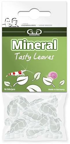 GlasGarten Mineral Leaves | 16 pezzi – Mangime complementare/minerale per gamberetti decorativi, lumache e gamberi con foglie secche di ortica, dente di leone e noce
