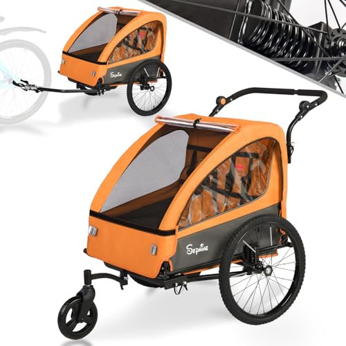 SEPNINE Remolque Infantil 2 en 1 y Cochecito con suspensión, Remolque de Bicicleta para 1 a 2 niños máximo, función de Jogger, Plegable, Amplio Maletero,Naranja