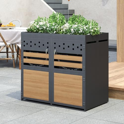 Mülltonnenbox mit Pflanzdach, 120-240 Liter, Anthrazit Tür in Holzoptik inkl. Erweiterungsmöglichkeit,Aufbewahrungsbox für Mülltonnen, Müllbox (2 er)