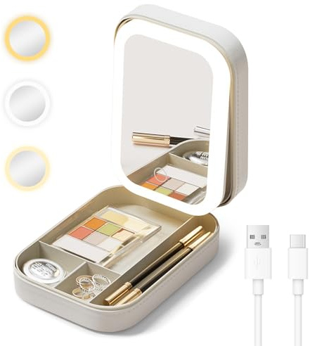 Cuteefun Kosmetiktasche mit Spiegel und Licht, USB-Aufladbar, Weiß