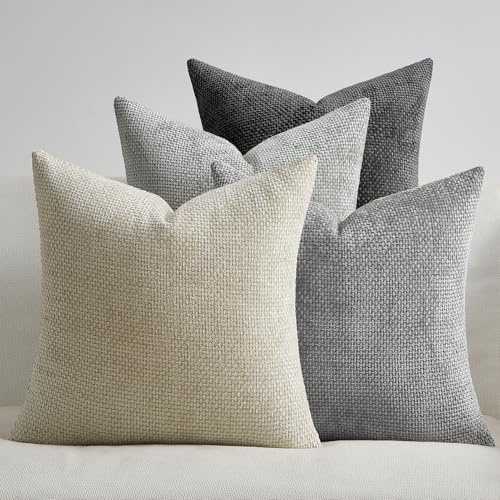 Topfinel Kissenbezug 40x40 Grau 4er Set Chenille Kissenbezüge Kissenhülle Sofakissen Dekokissen Zierkissenhülle Dekokissenbezug Rattan Webstil Design für Sofa Wohnzimmer Schlafzimmer Balkon Kinder