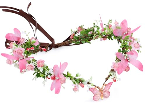 MOSTORY Rosa Schmetterling Elf Kopfschmuck für Frauen Woodland Flower Fairy Crown für Renaissance Halloween Cosplay