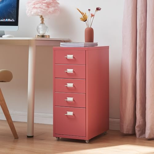 [en.casa] Rullbehållare Kökar lådskåp metall arkivskåp med 5 lådor kontorsvagn med hjul för arbetsrum 69 x 28 x 41 cm vattenmelonröd