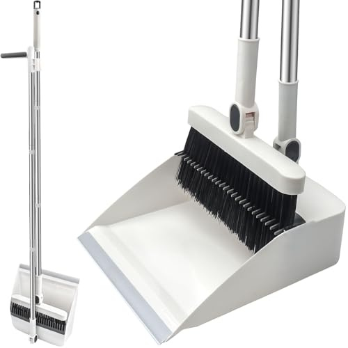 Besen- und Kehrschaufel-Set, Kehrbesen mit langem Stiel und aufrecht stehender Kehrschaufel mit Kammzähnen für den Innenbereich, Zuhause, Küche, Lobby, Garten, Büro, Zimmer (weiß)