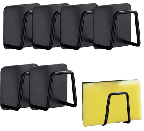 Confezione da 6 supporti per spugna adesiva in acciaio inox per lavello da cucina, scaffale da parete per organizzazione cucina e bagno (nero)