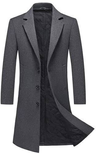 MODFUL Mens Long Wool Trench Coat Padded Knee Length Warm Overcoat Casual Peacoat Slim Fit Outwear