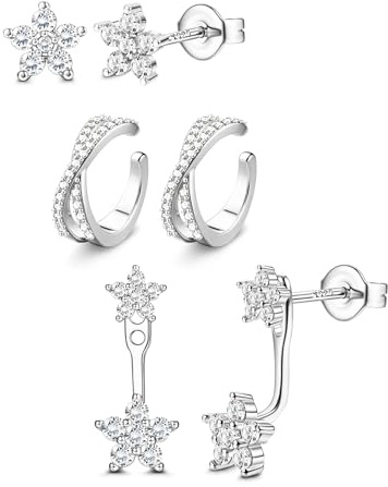 Dochais 3 Paires Boucles d'Oreilles Femme Argent 925 Boucles d'Oreilles Plaqué Or 14K Ensemble Boucle d'Oreille 3 Trous Hypoallergénique Faux Piercing Oreille Manchette Ear Cuff Cartilage Piercing D