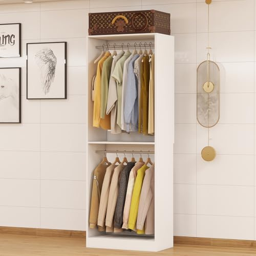 Closet System, 2FT Wood Closet Organizer System Small Walk-in Closet Freestanding Corner Closets Shelf Storage with 3 Hanging Rods, Modular Closet Systems White (2FT)