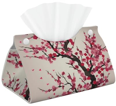 Blooming Cherry Tree Tissue Box Cover PU Leather Rectangular Tissue Box Holder Modern Decorative Tissue Cover Facial Paper Organizer Dispenser for Home, Car, Hotel, Office